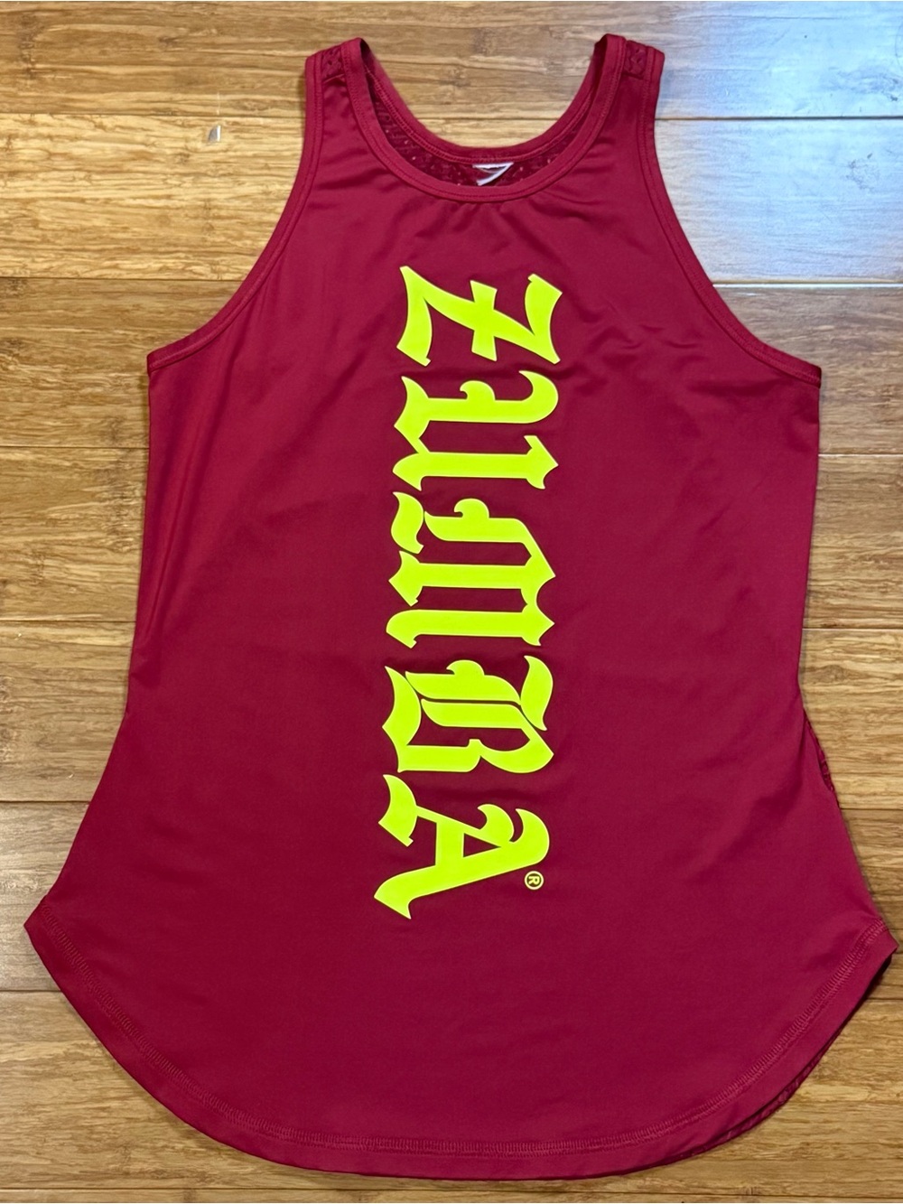 Zumba Fitness Womens Sleeveless High Neck Burgundy Tank Neon Yellow Logo Mesh XS